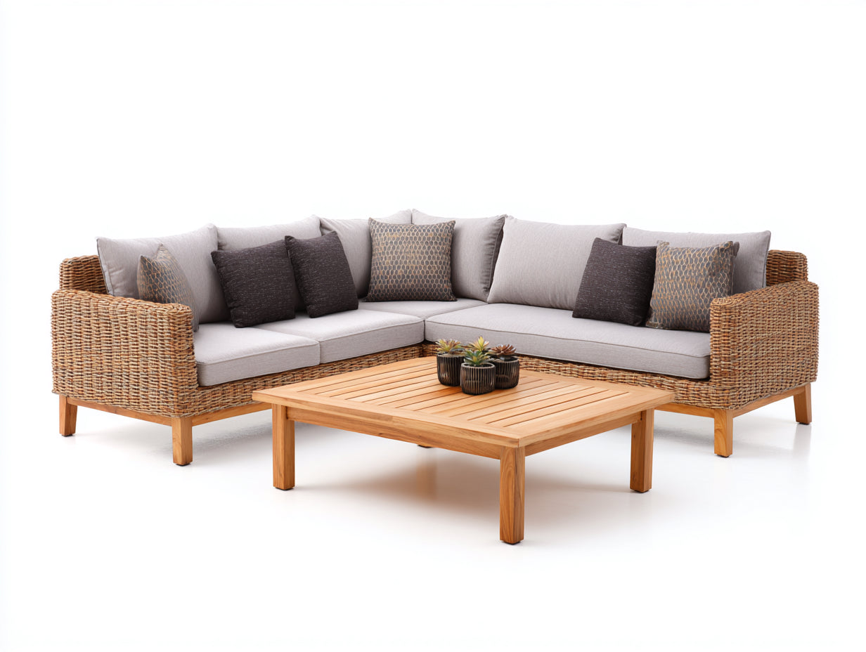 Divani da esterno - rattan PE-legno-tessuto - 286x286x78 cm - marrone naturale-beige - stile lounge moderno