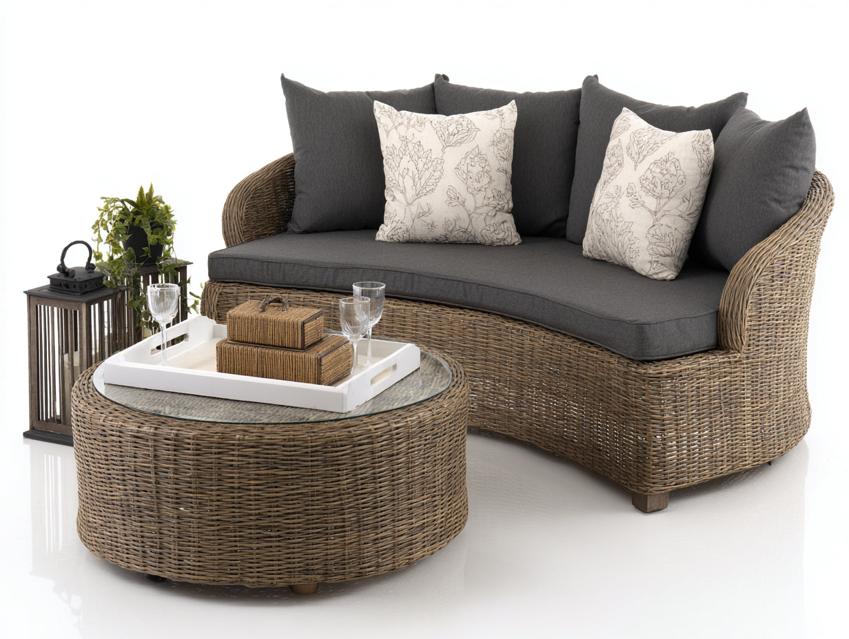 Divani da esterno - rattan PE-vetro-tessuto - 232x112x82 cm - marrone naturale-grigio scuro - stile lounge moderno