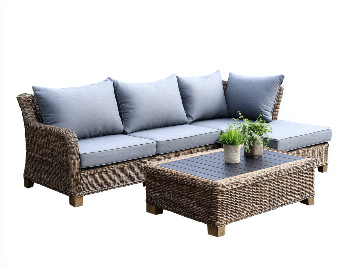Divani da esterno - rattan PE-legno-vetro-tessuto - 250x180x78 cm - marrone naturale-grigio - stile lounge moderno