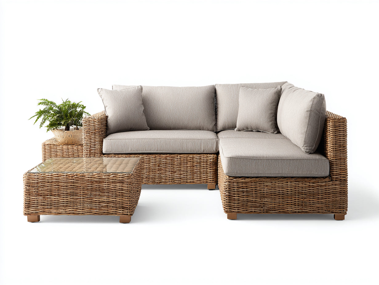 Divani da esterno - rattan PE-vetro-tessuto - 214x154x76 cm - marrone naturale-beige - stile lounge moderno