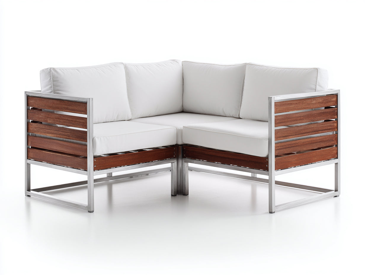 Divani da esterno - legno-acciaio-tessuto - 224x224x74 cm - marrone naturale-argento-bianco - stile lounge moderno