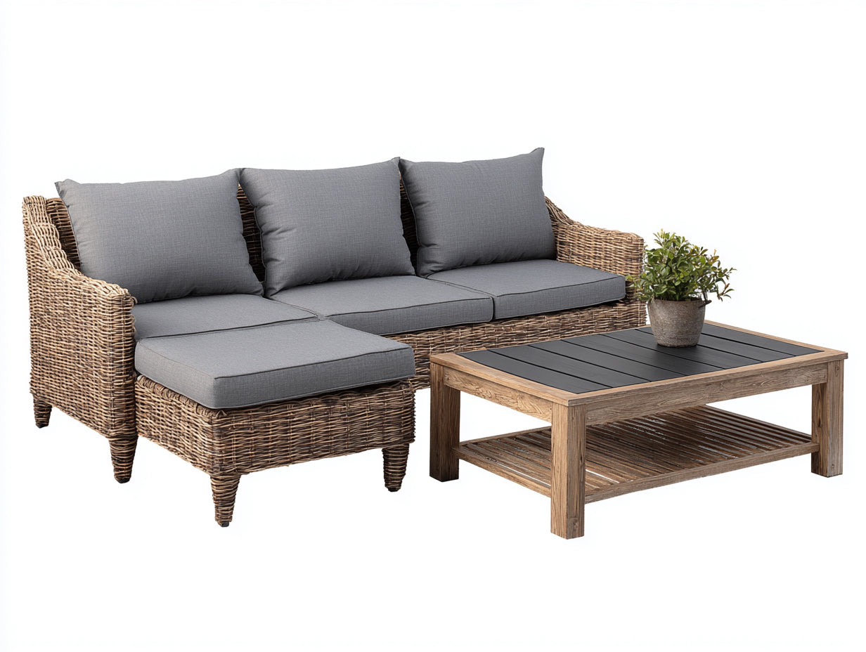 Divani da esterno - rattan PE-legno-tessuto - 240x170x78 cm - marrone naturale-grigio - stile lounge moderno