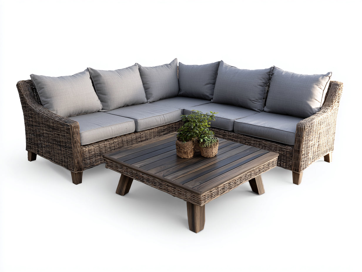 Divani da esterno - rattan PE-legno-tessuto - 260x260x78 cm - marrone naturale-grigio - stile lounge moderno