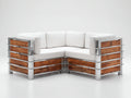 Divani da esterno - legno-acciaio-tessuto - 226x226x76 cm - marrone naturale-argento-bianco - stile industriale moderno