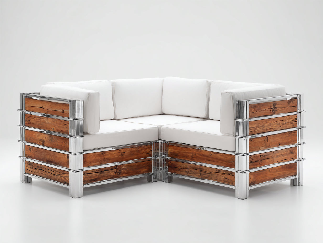 Divani da esterno - legno-acciaio-tessuto - 226x226x76 cm - marrone naturale-argento-bianco - stile industriale moderno
