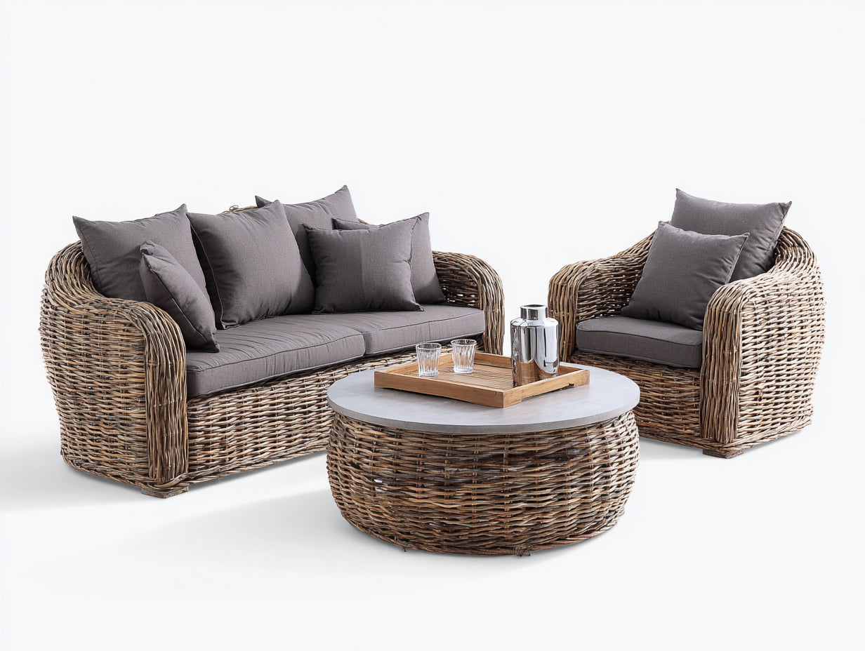 Divani da esterno - rattan PE-tessuto - 218x96x82 cm - marrone naturale-grigio scuro - stile lounge moderno