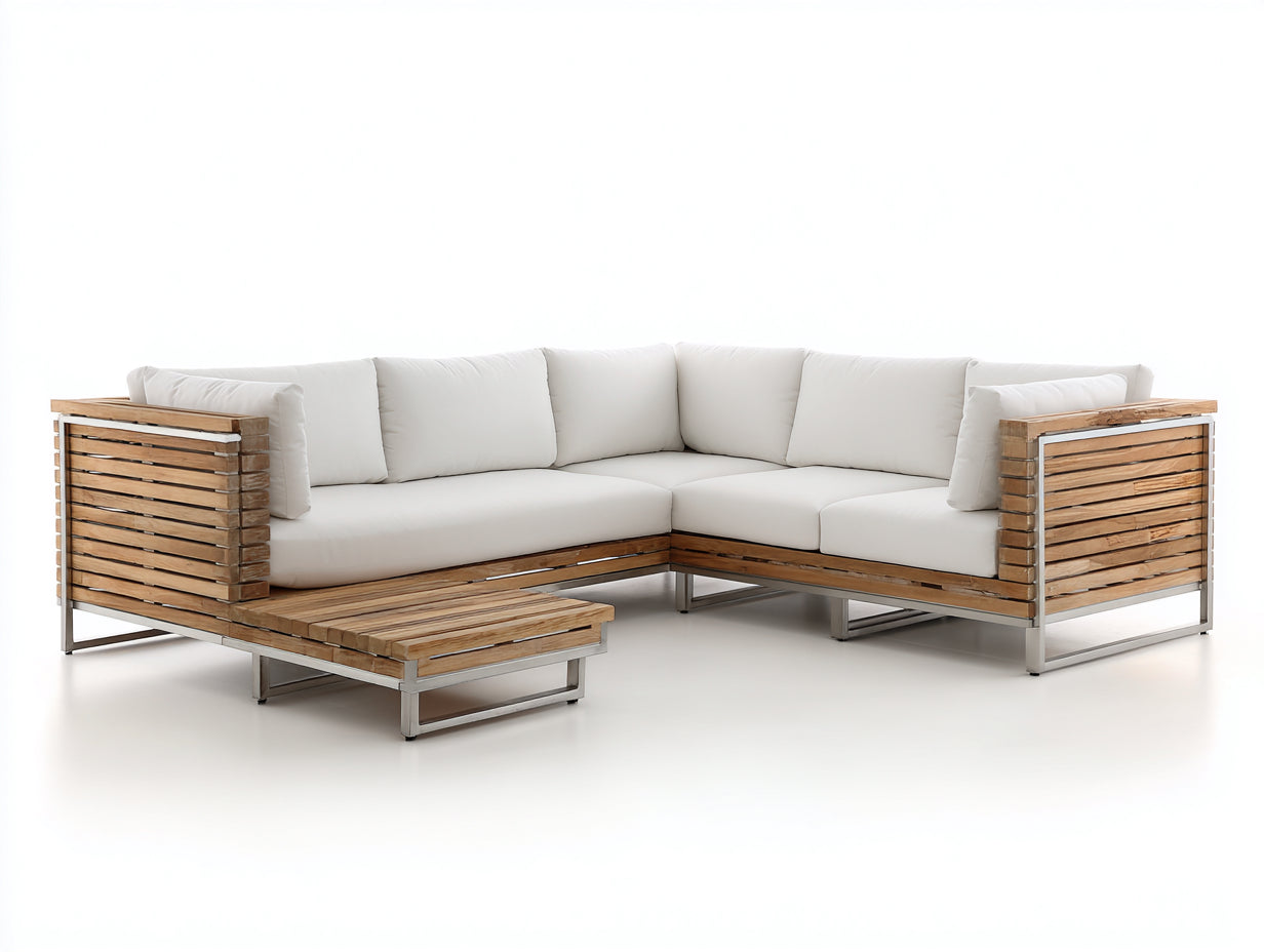 Divani da esterno - legno-acciaio-tessuto - 250x250x76 cm - marrone naturale-argento-bianco - stile lounge moderno