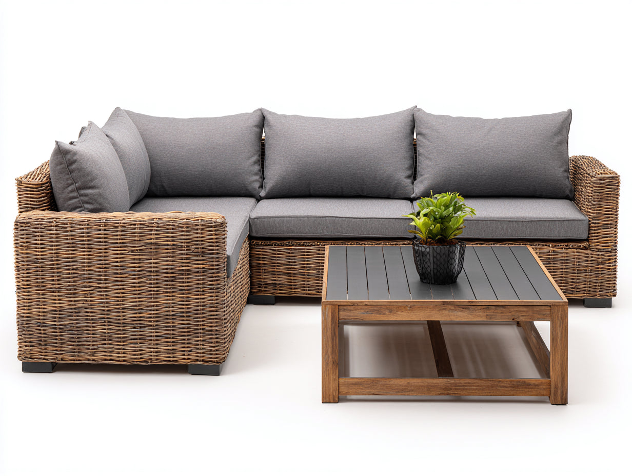 Divani da esterno - rattan PE-legno-tessuto - 255x180x78 cm - marrone naturale-grigio - stile lounge moderno